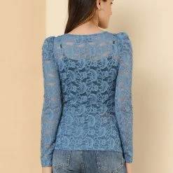 Allegra K Women's Lace Embroidery Semi Sheer Vintage Puff Sleeve Top