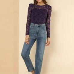 Allegra K Women's Lace Embroidery Semi Sheer Vintage Puff Sleeve Top