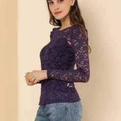 Allegra K Women's Lace Embroidery Semi Sheer Vintage Puff Sleeve Top