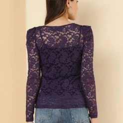 Allegra K Women's Lace Embroidery Semi Sheer Vintage Puff Sleeve Top