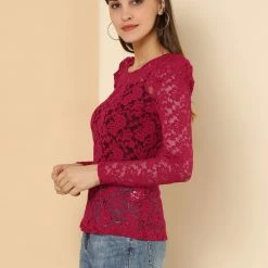 Allegra K Women's Lace Embroidery Semi Sheer Vintage Puff Sleeve Top