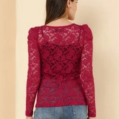 Allegra K Women's Lace Embroidery Semi Sheer Vintage Puff Sleeve Top