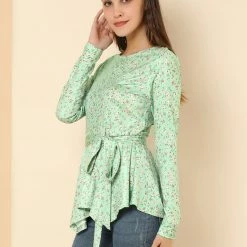 Allegra K]Waist Tie Peplum Top In Floral Print Women