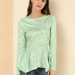 Allegra K]Waist Tie Peplum Top In Floral Print Women