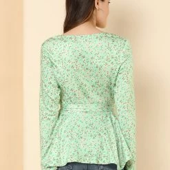 Allegra K]Waist Tie Peplum Top In Floral Print Women
