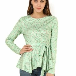Allegra K]Waist Tie Peplum Top In Floral Print Women