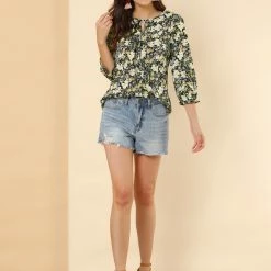 Allegra K Women's Tie V Neck Casual Boho Ruffled 3/4 Sleeve Floral Blouse Tops