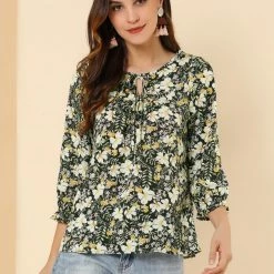 Allegra K Women's Tie V Neck Casual Boho Ruffled 3/4 Sleeve Floral Blouse Tops