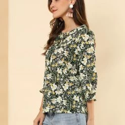 Allegra K Women's Tie V Neck Casual Boho Ruffled 3/4 Sleeve Floral Blouse Tops