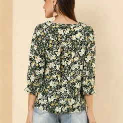 Allegra K Women's Tie V Neck Casual Boho Ruffled 3/4 Sleeve Floral Blouse Tops
