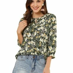 Allegra K Women's Tie V Neck Casual Boho Ruffled 3/4 Sleeve Floral Blouse Tops
