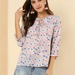 Allegra K Women's Tie V Neck Casual Boho Ruffled 3/4 Sleeve Floral Blouse Tops