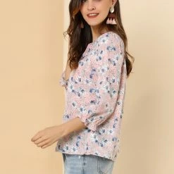 Allegra K Women's Tie V Neck Casual Boho Ruffled 3/4 Sleeve Floral Blouse Tops