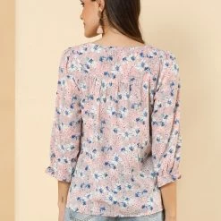 Allegra K Women's Tie V Neck Casual Boho Ruffled 3/4 Sleeve Floral Blouse Tops