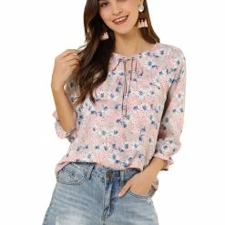 Allegra K Women's Tie V Neck Casual Boho Ruffled 3/4 Sleeve Floral Blouse Tops