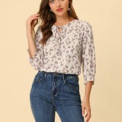 Allegra K Women's Tie V Neck Casual Boho Ruffled 3/4 Sleeve Floral Blouse Tops
