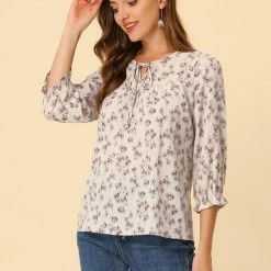 Allegra K Women's Tie V Neck Casual Boho Ruffled 3/4 Sleeve Floral Blouse Tops