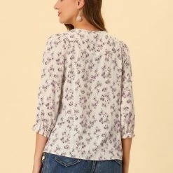Allegra K Women's Tie V Neck Casual Boho Ruffled 3/4 Sleeve Floral Blouse Tops