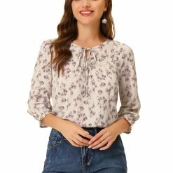 Allegra K Women's Tie V Neck Casual Boho Ruffled 3/4 Sleeve Floral Blouse Tops
