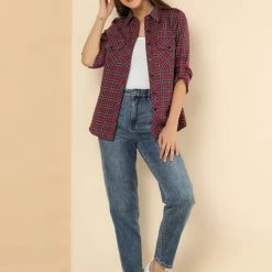 Allegra K Check Roll Up Sleeves Shirt With Flap Pockets