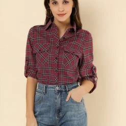 Allegra K Check Roll Up Sleeves Shirt With Flap Pockets