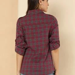Allegra K Check Roll Up Sleeves Shirt With Flap Pockets