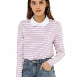 Allegra K Women's Long Sleeve Peter Pan Striped Top Clothing