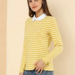 Allegra K Women's Long Sleeve Peter Pan Striped Top Clothing