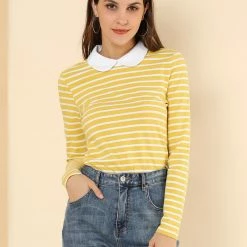 Allegra K Women's Long Sleeve Peter Pan Striped Top Clothing