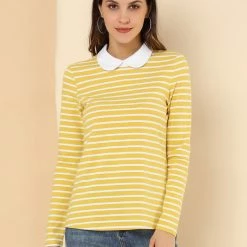Allegra K Women's Long Sleeve Peter Pan Striped Top Clothing