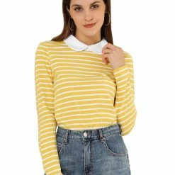 Allegra K Women's Long Sleeve Peter Pan Striped Top Clothing