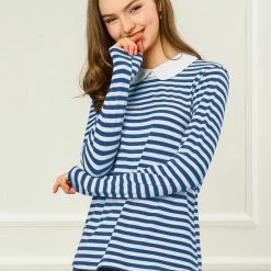 Allegra K Women's Long Sleeve Peter Pan Striped Top Clothing