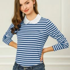 Allegra K Women's Long Sleeve Peter Pan Striped Top Clothing