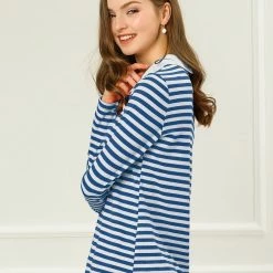 Allegra K Women's Long Sleeve Peter Pan Striped Top Clothing