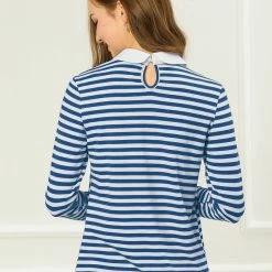 Allegra K Women's Long Sleeve Peter Pan Striped Top Clothing