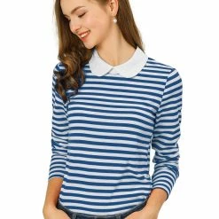 Allegra K Women's Long Sleeve Peter Pan Striped Top Clothing