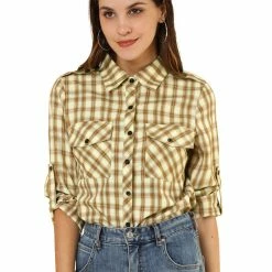 Allegra K Check Roll Up Sleeves Shirt With Flap Pockets