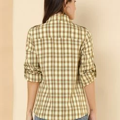 Allegra K Check Roll Up Sleeves Shirt With Flap Pockets
