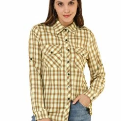 Allegra K Check Roll Up Sleeves Shirt With Flap Pockets