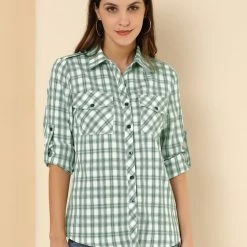 Allegra K Check Roll Up Sleeves Shirt With Flap Pockets