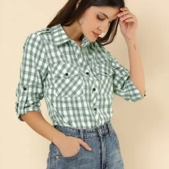 Allegra K Check Roll Up Sleeves Shirt With Flap Pockets