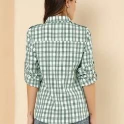 Allegra K Check Roll Up Sleeves Shirt With Flap Pockets