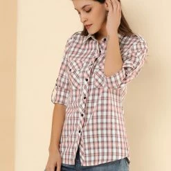 Allegra K Check Roll Up Sleeves Shirt With Flap Pockets