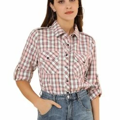 Allegra K Check Roll Up Sleeves Shirt With Flap Pockets