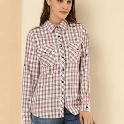 Allegra K Check Roll Up Sleeves Shirt With Flap Pockets