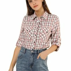 Allegra K Check Roll Up Sleeves Shirt With Flap Pockets