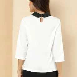 Allegra K Women 3/4 Sleeves Contrast Collar Blouse Tops