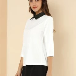 Allegra K Women 3/4 Sleeves Contrast Collar Blouse Tops