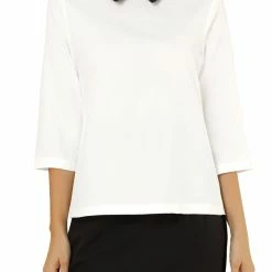 Allegra K Women 3/4 Sleeves Contrast Collar Blouse Tops