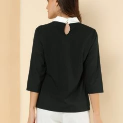 Allegra K Women 3/4 Sleeves Contrast Collar Blouse Tops